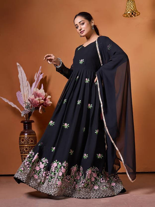 New Anarkali Georgette Black Gown With Multi Color